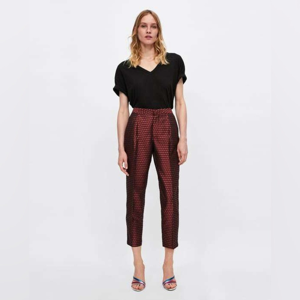 ZARA - Burgundy Jacquard Cropped Tailored Trousers